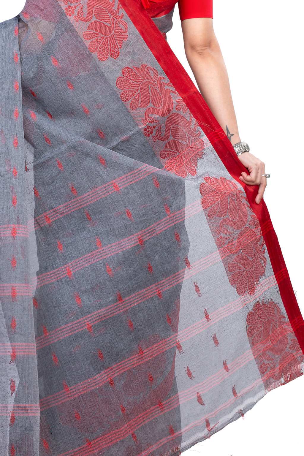 Gray Pure Cotton MOYUR PAR Tant Saree (904)